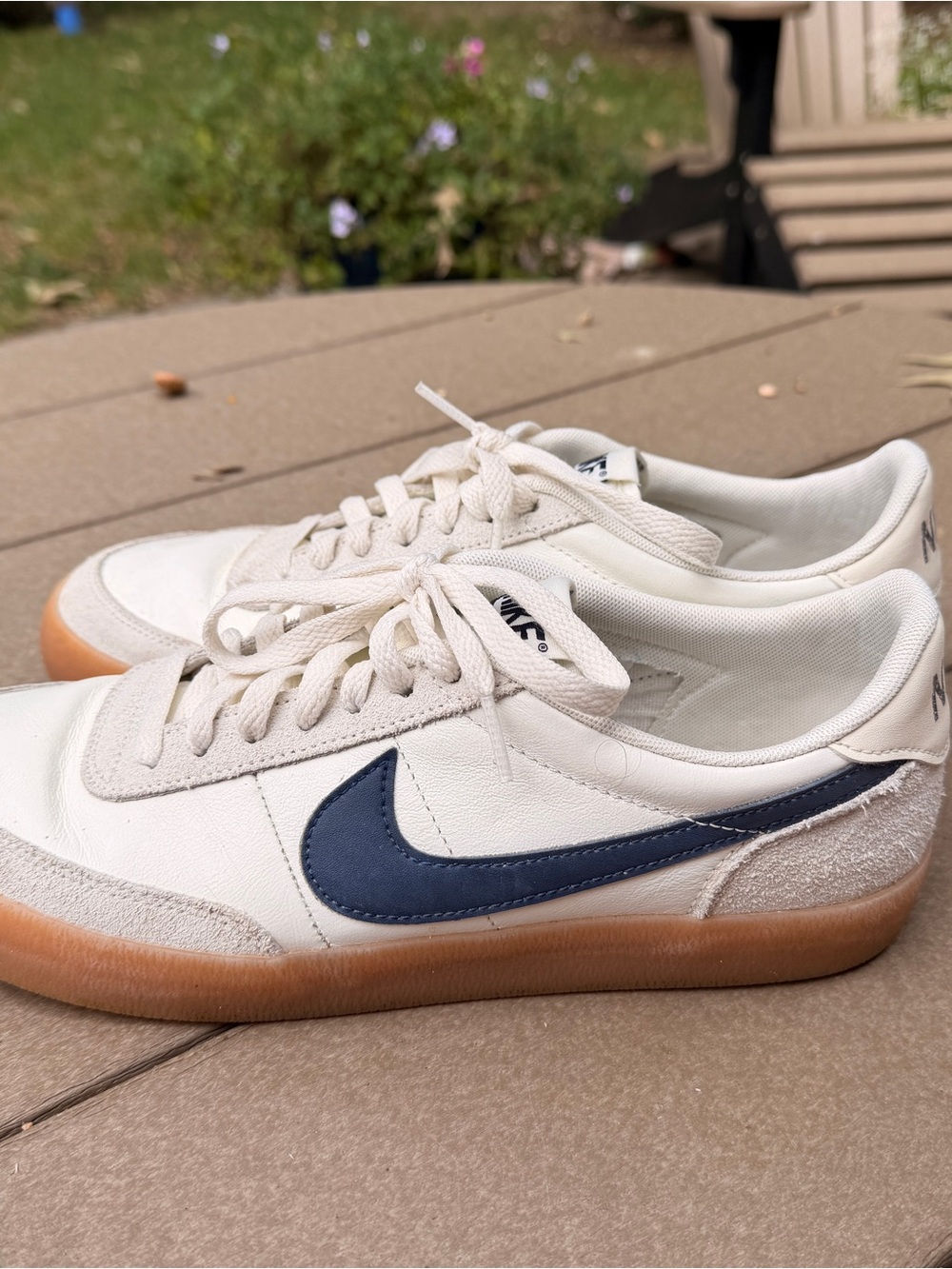 Nike Men’s White Sneakers with Navy Swoosh and Gum Sole